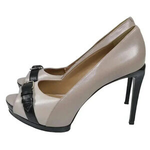 Nine West  Leather Platform Pump Stiletto Heel Open Toe Beige Tan Black Size 8